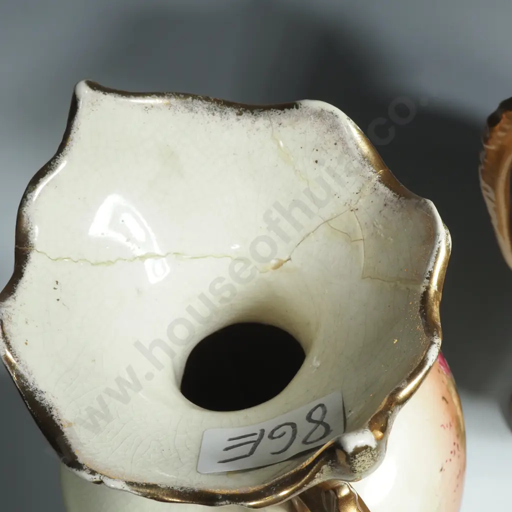 Two Antique Thomas Forrester & Son Double Handled Vase Decorated w Flowers Both Damaged & Repaired Image 1++