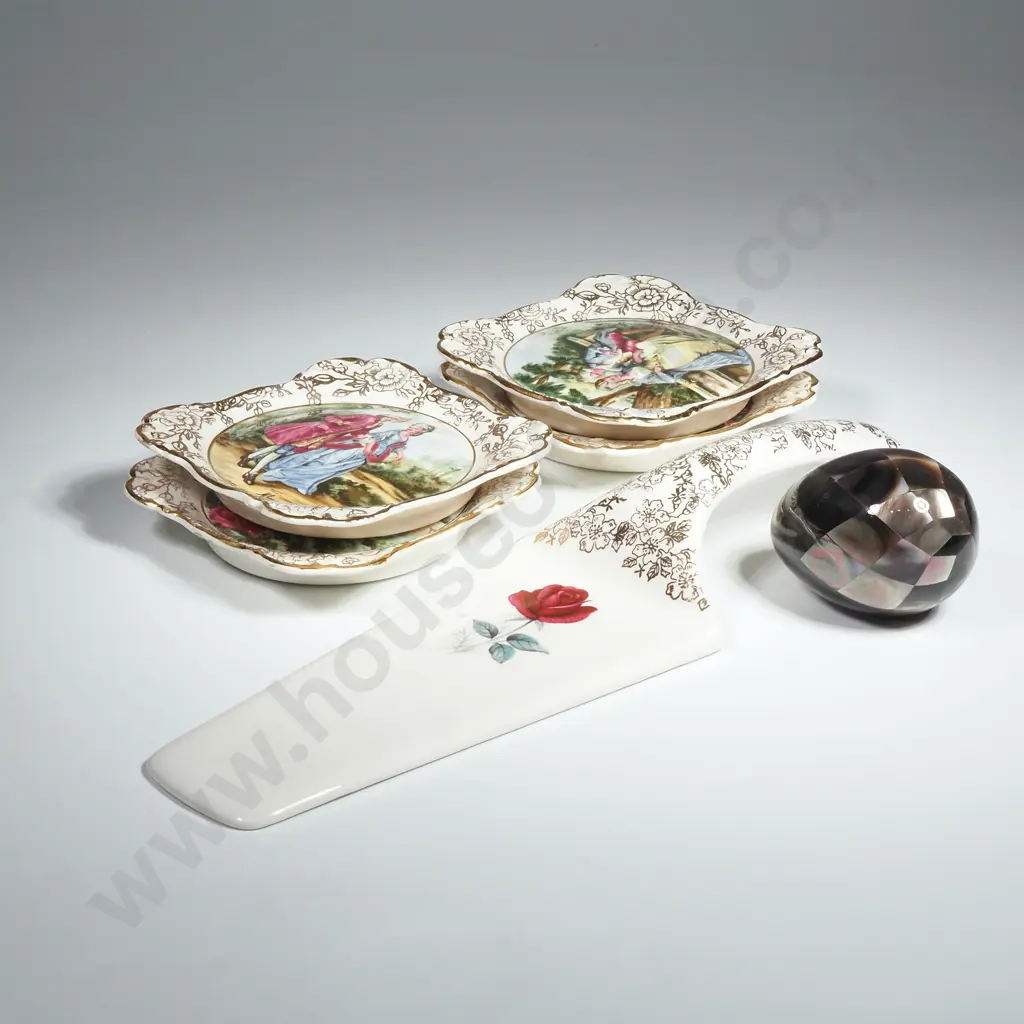 Four James Kent Coasters, Vintage China Cake Server & a Faceted Mother of Pearl Egg Image 1++