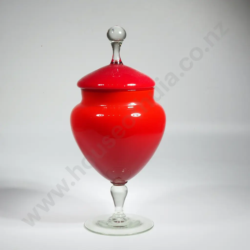 Vintage Ruby Red Glass Pedestal Jar w Lid Image 1++