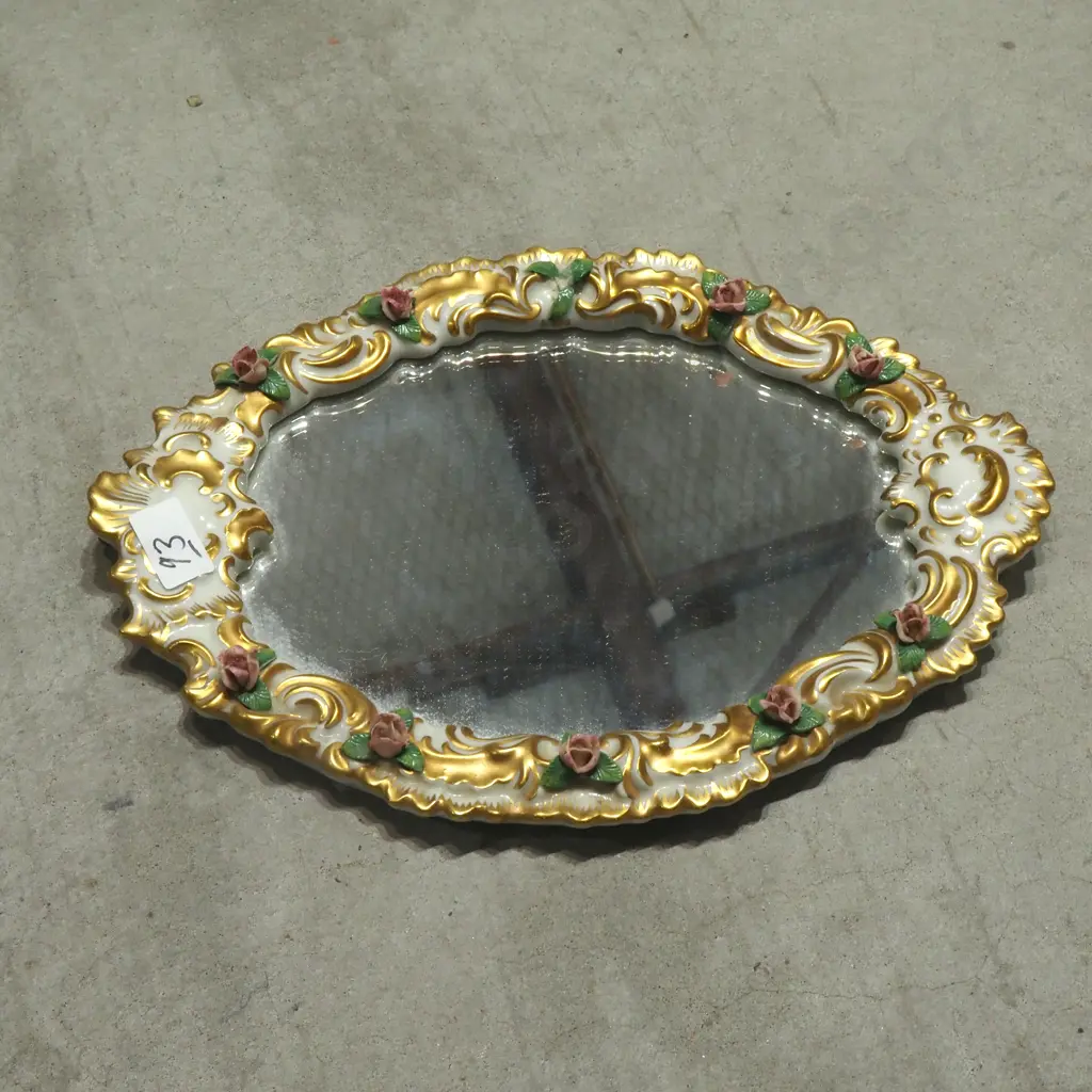 Vintage Dresden Style Wall Mirror w Gilt Scrolls &  Encrusted w Flowers  Image 1++