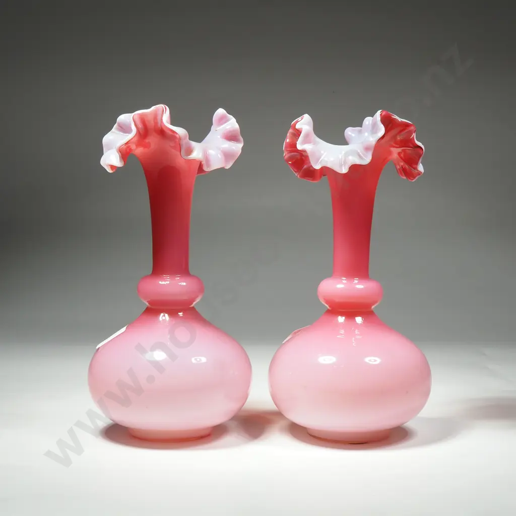 Victorian Pair of Pink & White Glass Vases w Ruffled rims Image 1++