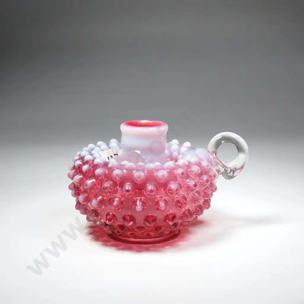 Vintage Fenton Cranberry & Opalescent Glass Hobnail Glass Candlestick Image 1++