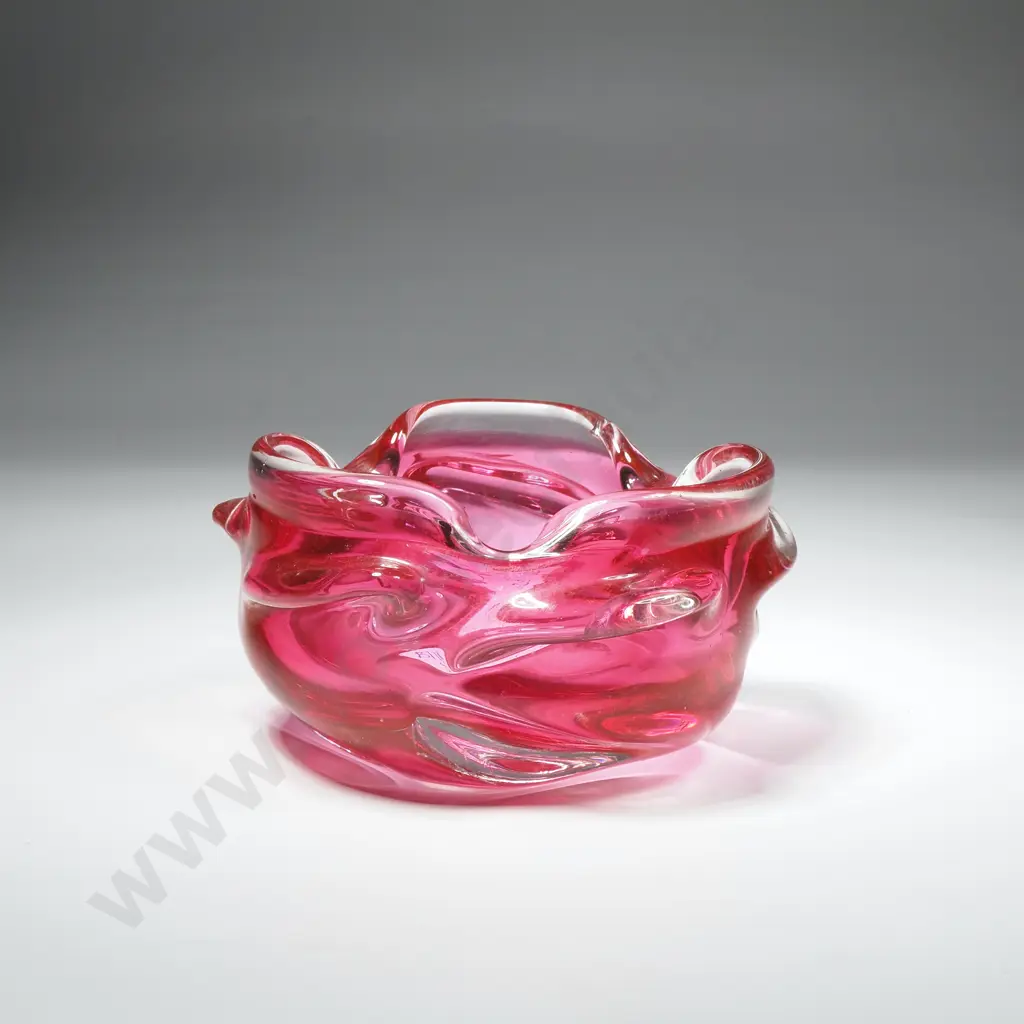 Mid Century Czech Art Glass Clear & Cranberry Bowl / Ashtray Image 1++