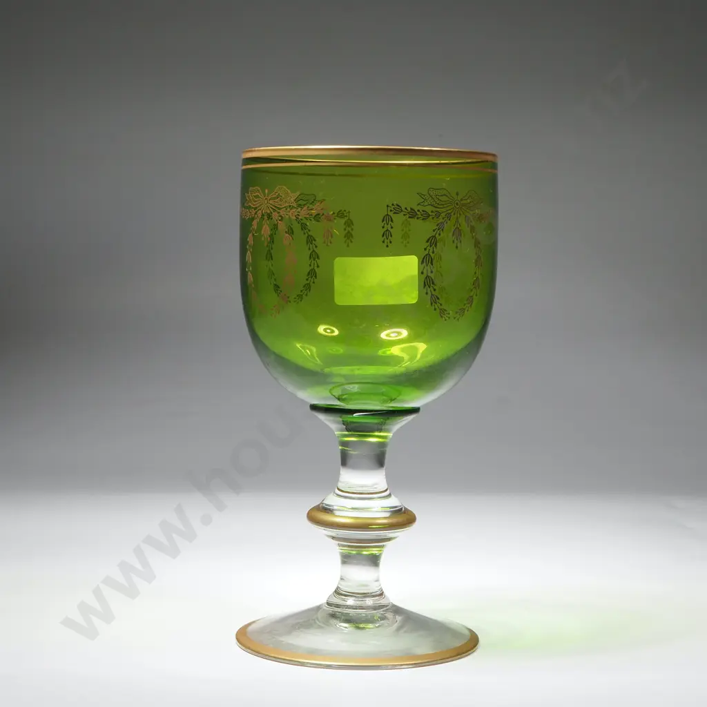 Vintage Green & Clear Glass Goblet w Gilded Rims & Decoration. Image 1++