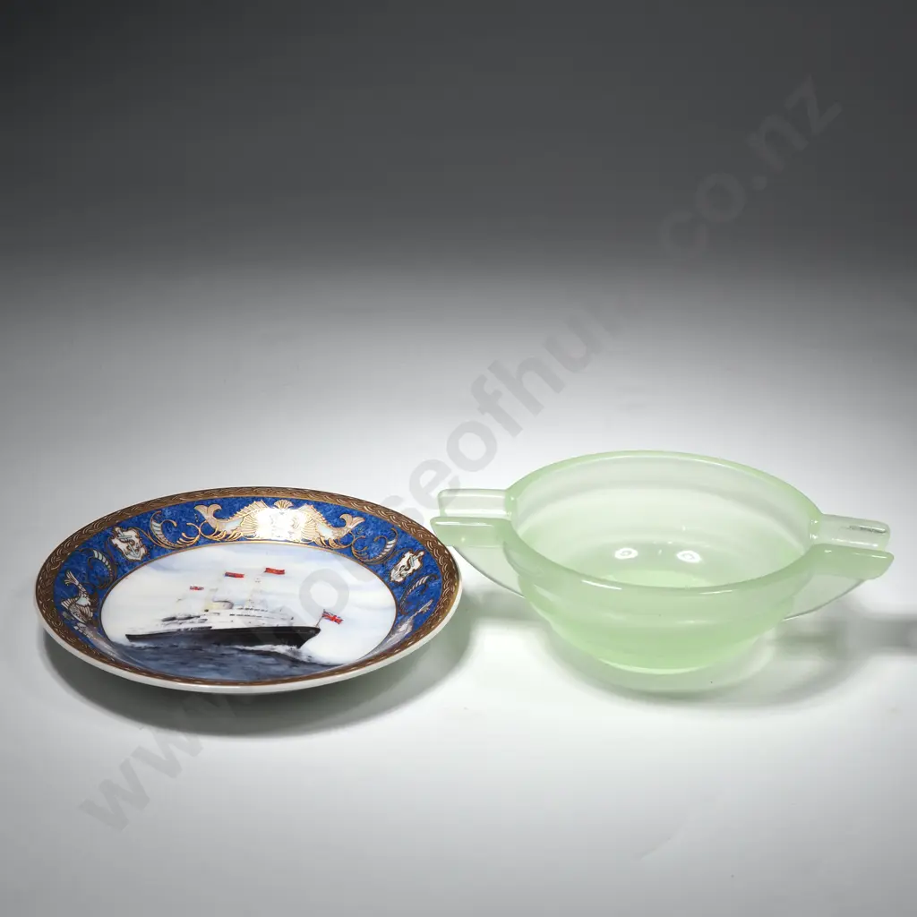 Art Deco Uranium Glass Ashtray & Small Dish Depicting Britannia at Sea Image 1++