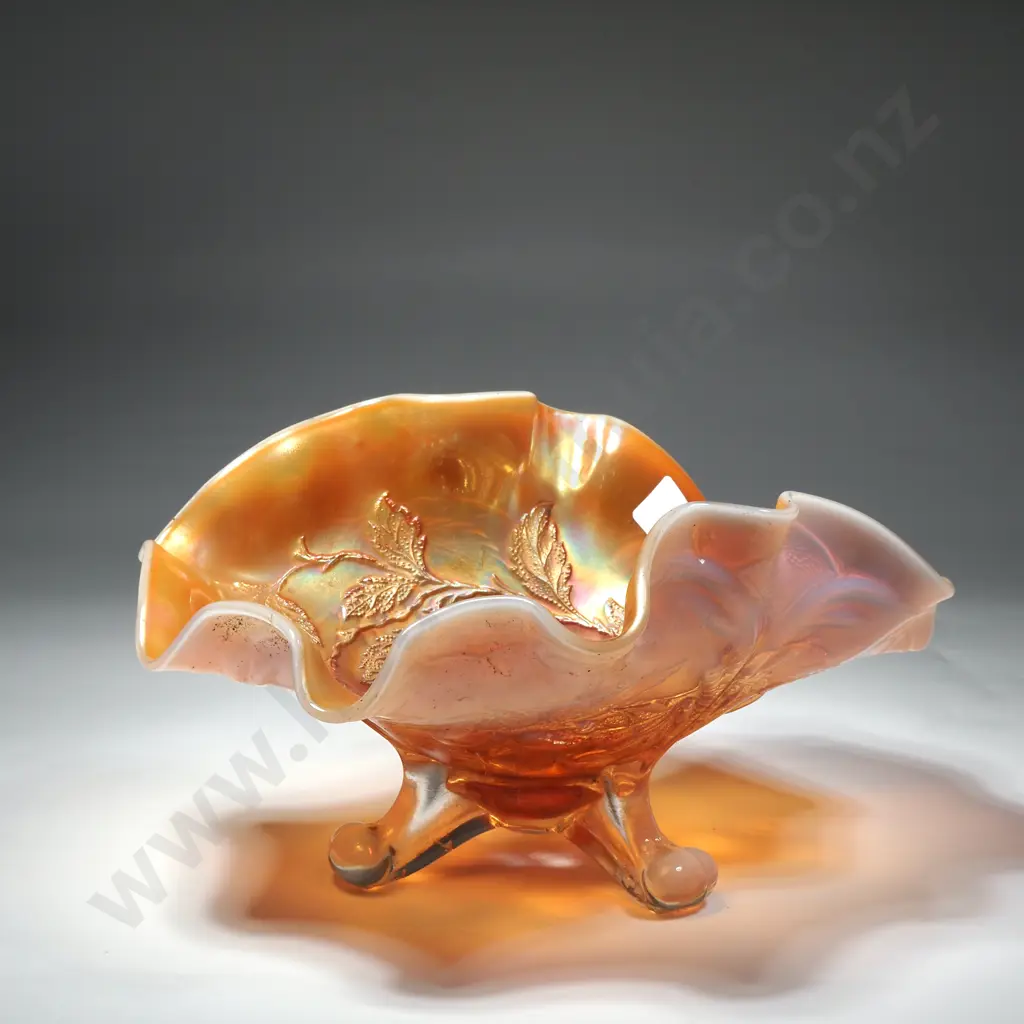 Antique Dugan Carnival Glass Tri - Footed Bowl - Cherry Pattern Image 1++