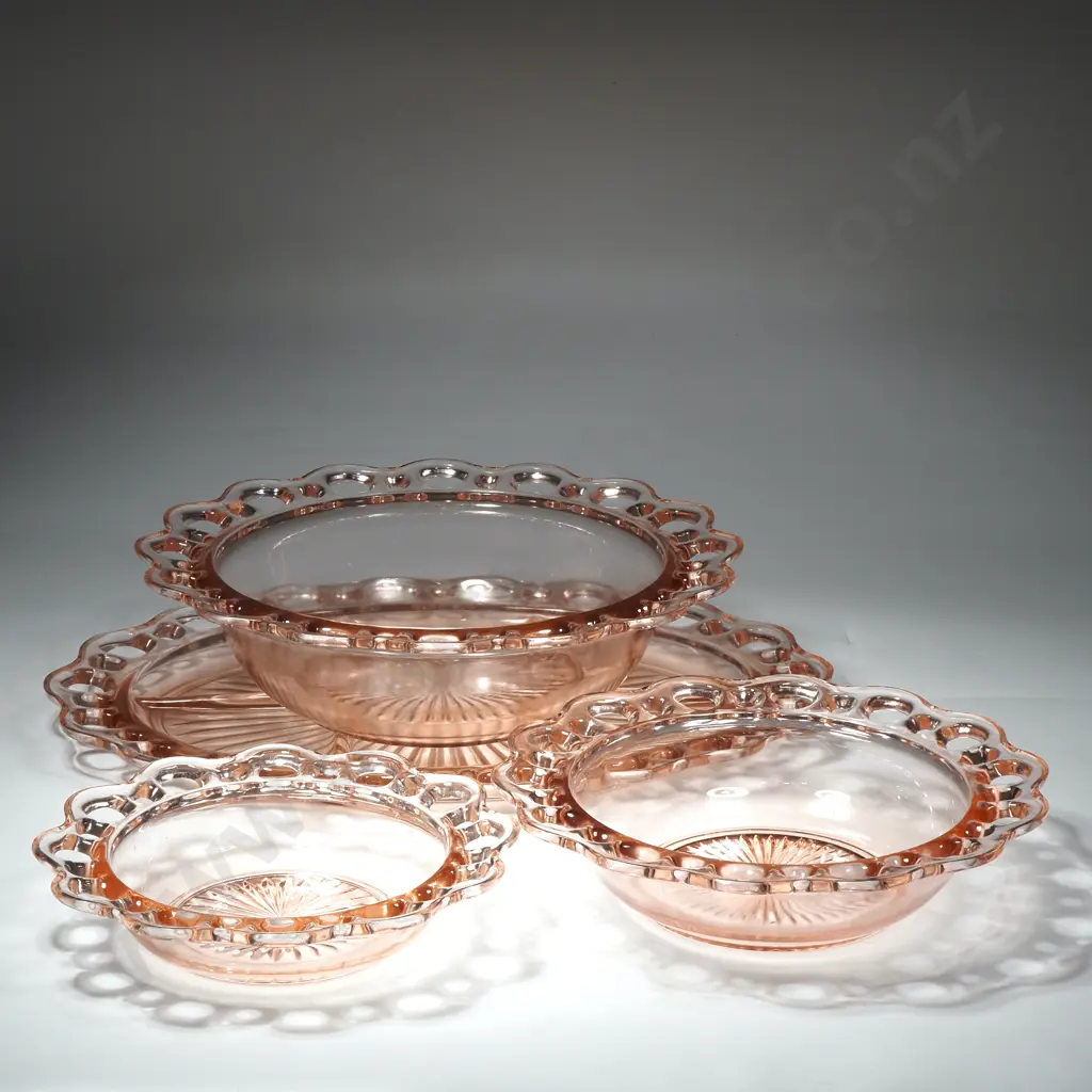 Anchor Hocking Pressed Lace Pink Depression Glass - Three Graduated Glass Bowls & Segmented Oval Tray Image 1++