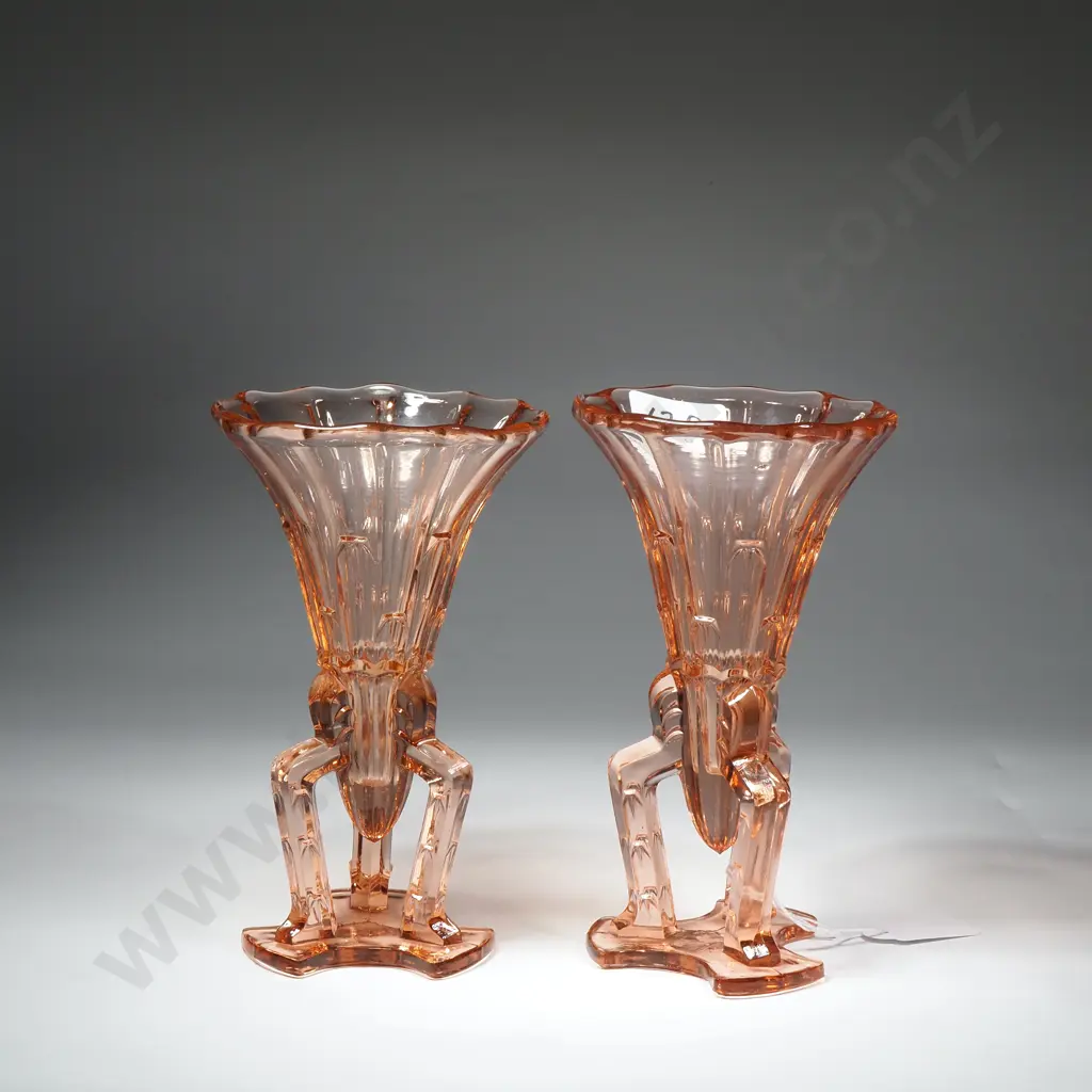 Pair of Bohemian Pink Pressed Glass 'Rocket' Vase w an Art Deco Tripod Base Design Image 1++