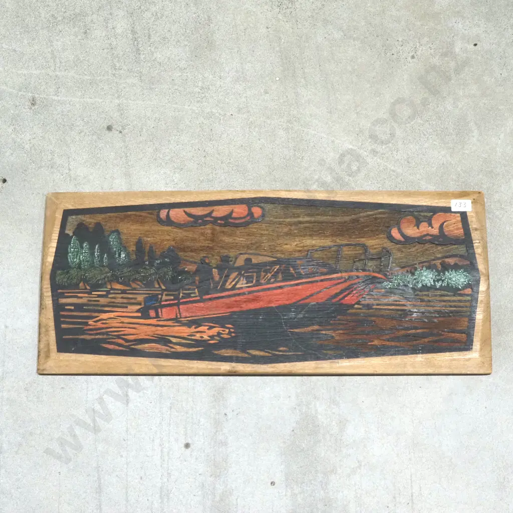 Hand Carved Relief Panel Depicting a Boat Scene w Figures, Trees & Clouds w Coloured Sections of Wood Image 1++