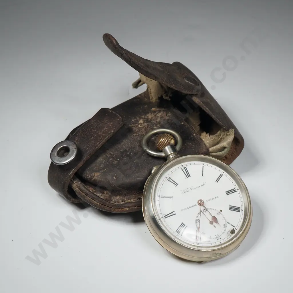 Antique Silver Plate Pocket Watch Labelled "The Greenwich" & Retailed  By Jones & Sons Of ChCh In Leather Belt Pouch Image 1++