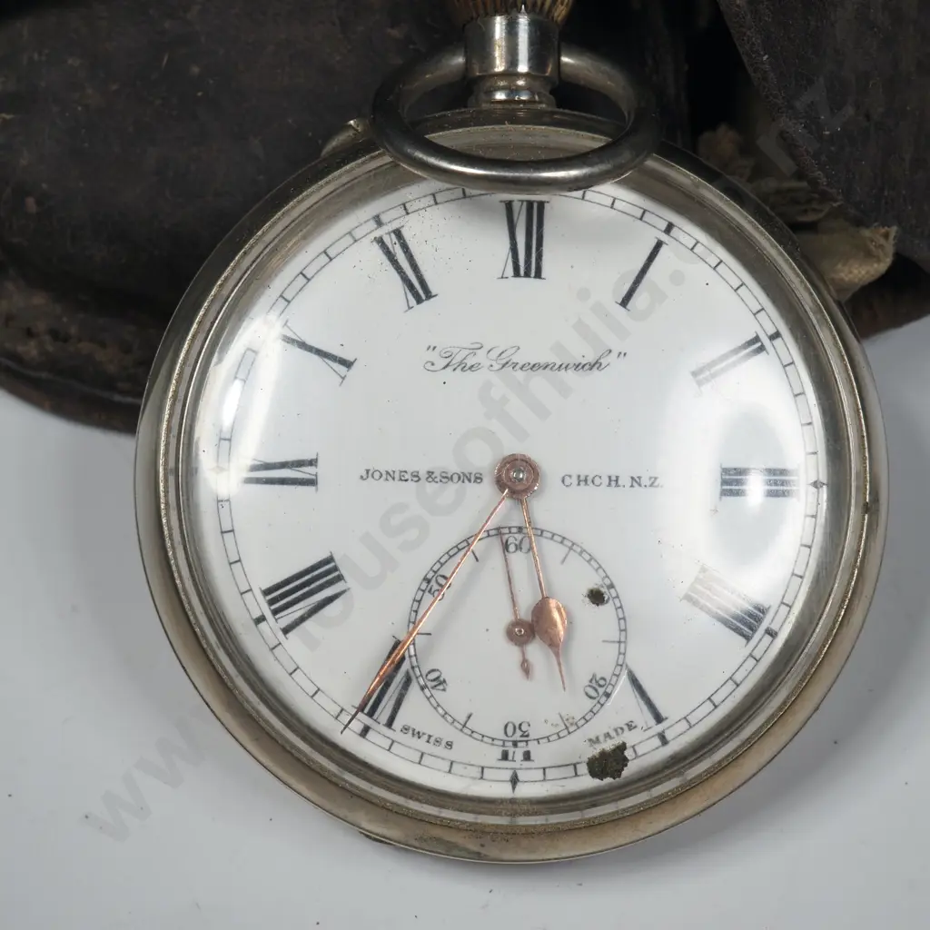 Antique Silver Plate Pocket Watch Labelled "The Greenwich" & Retailed  By Jones & Sons Of ChCh In Leather Belt Pouch Image 1++