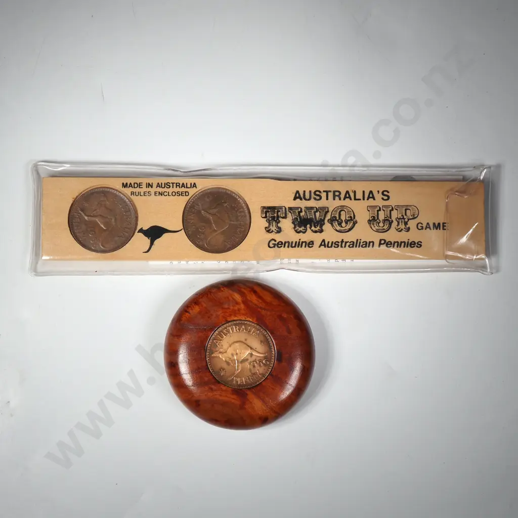 Australia's Two Up Game w Genuine Australian Pennies w Wooden Kip (The Small Paddle Used To toss The Coin) Image 1++