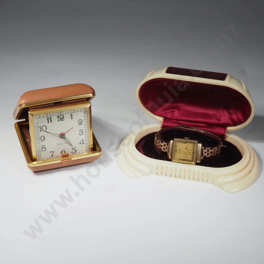 Roamer 17 Jewel Mens Art Deco Style Wristwatch in Original Celluloid Case & Outer Box & Vintage Travelling Alarm Clock Image 1++