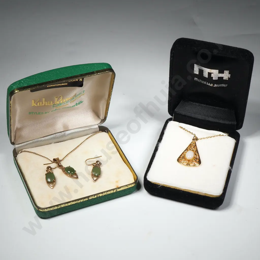 Gold Plated Greenstone Pendant & Drop Earrings & An Opal Pendant Set in a Filigree Frame Image 1++