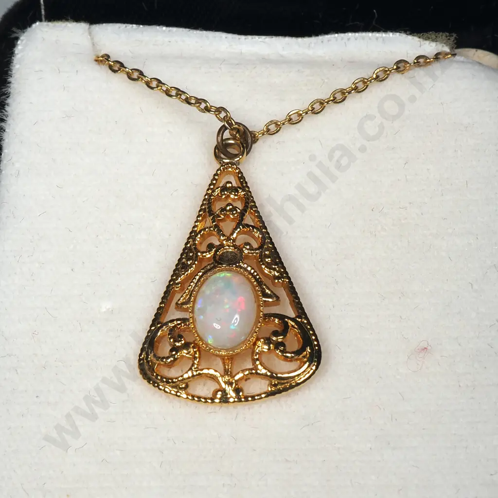 Gold Plated Greenstone Pendant & Drop Earrings & An Opal Pendant Set in a Filigree Frame Image 1++