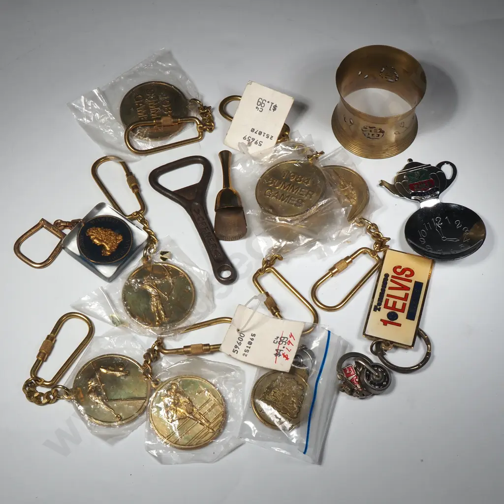 Collection Of Brass Items Including Souvenir Tea Caddy Spoon From Windor,  Seven  Brass Summer Games Keyrings,   Image 1++