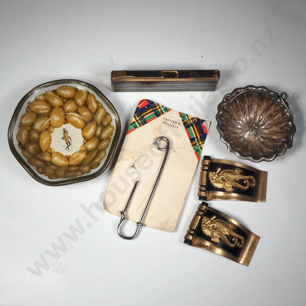 Vintage Planters Mr Peanut Tin Litho Snack Bowl , Small w EP Openwork Basket, Scottish Pin, Lighter & Pair of Clips Image 1++