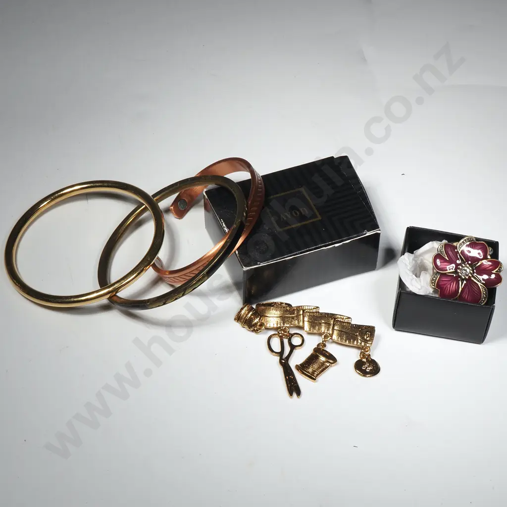Two Gold Tone Bangles, Copper Bangle,Floral Ring Watch & Gold Tone Brooch Image 1++