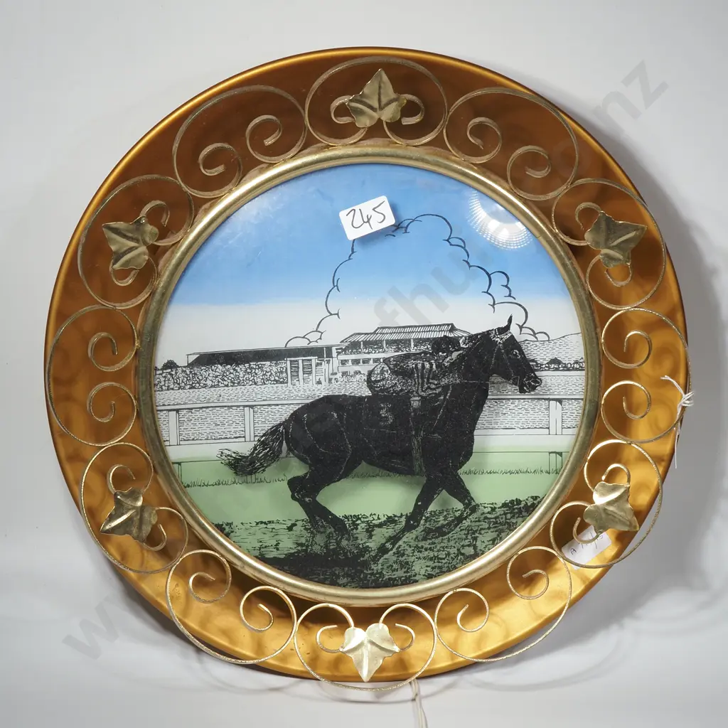 Vintage Wall Light Comprising Decorative Frame w Racehorse Scene Mounted w Back Lamp Image 1++