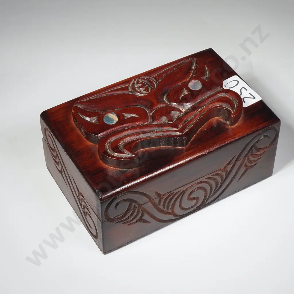 Wooden Trinket Box W Hand Carved Tiki Design To Lid & Set w Paua Shell Eyes  Image 1++