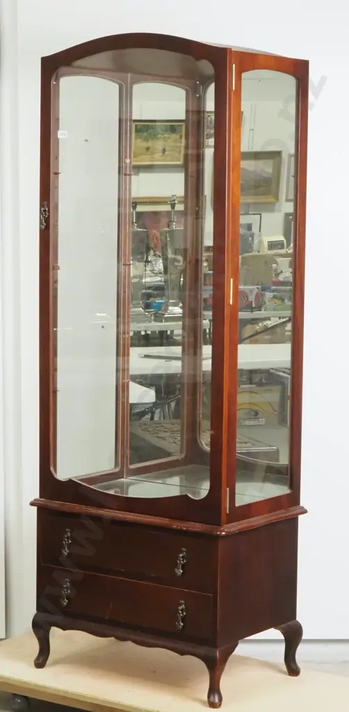 Mahogany Single Door Display Cabinet w Two Drawers Below Resting on Cabriole legs Image 1++