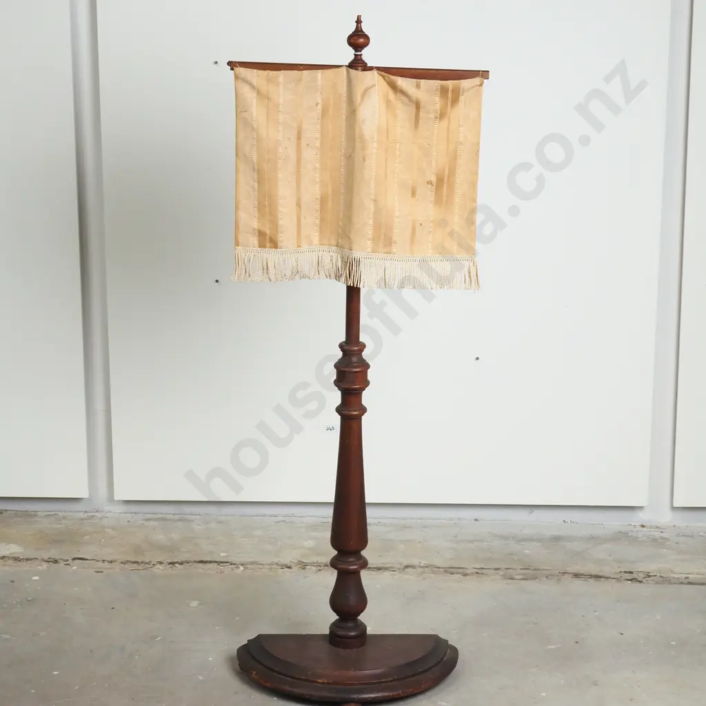 Vintage Turned Wood Firescreen w Fabric Screen & Semi- Circular Base Image 1++