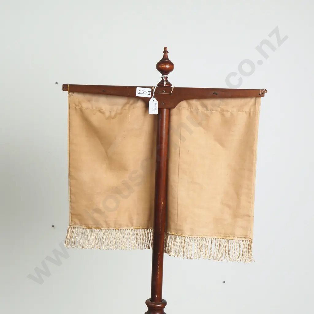 Vintage Turned Wood Firescreen w Fabric Screen & Semi- Circular Base Image 1++