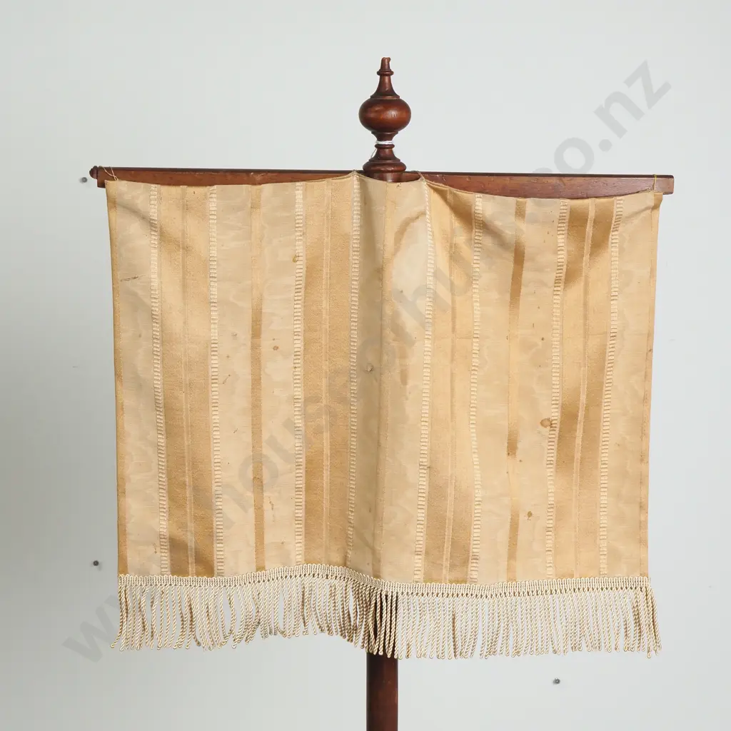 Vintage Turned Wood Firescreen w Fabric Screen & Semi- Circular Base Image 1++