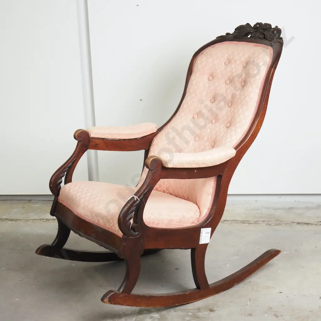 Victorian Mahogany Goose Neck Rocker Upholstered in Buttoned Pink Upholstery Image 1++