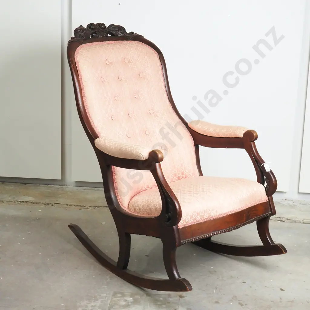Victorian Mahogany Goose Neck Rocker Upholstered in Buttoned Pink Upholstery Image 1++