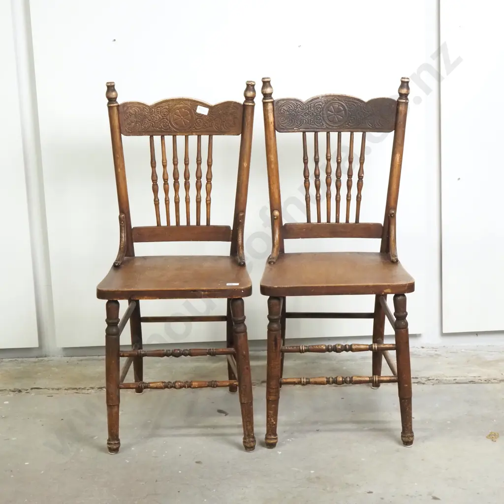 Two Antique Oak Spindle Back Chairs with Solid Wood  Seat   & Pressed Carved Detail Image 1++