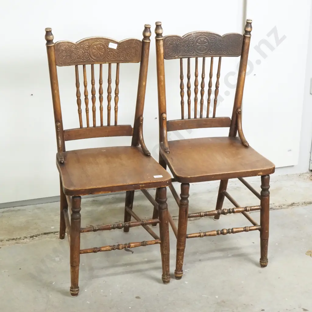 Two Antique Oak Spindle Back Chairs with Solid Wood  Seat   & Pressed Carved Detail Image 1++