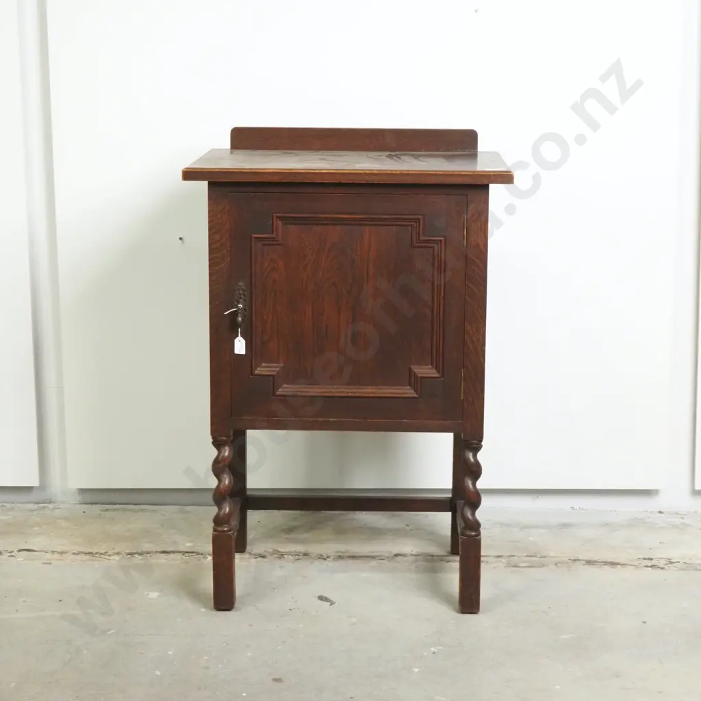Oak Bedside Cabinet w Panelled Decoration & Barley Twist Supports Image 1++