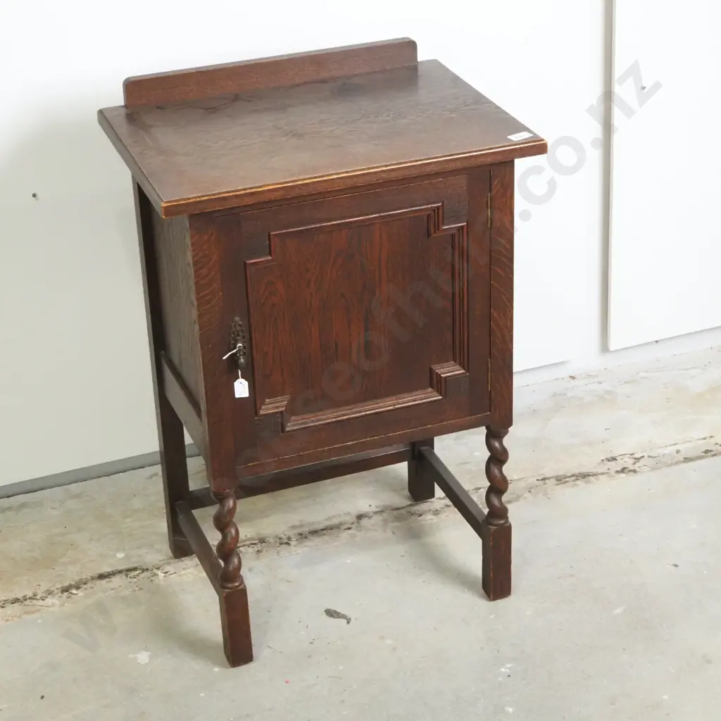 Oak Bedside Cabinet w Panelled Decoration & Barley Twist Supports Image 1++