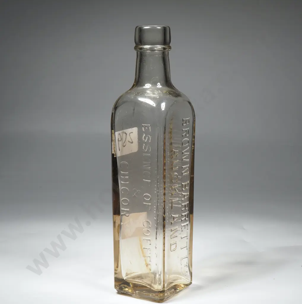 Vintage Brown, Barrett & Co. Square Form Clear Glass Bottle Embossed  w Their Name & 'Essence of Coffee & Chickory ' Image 1++