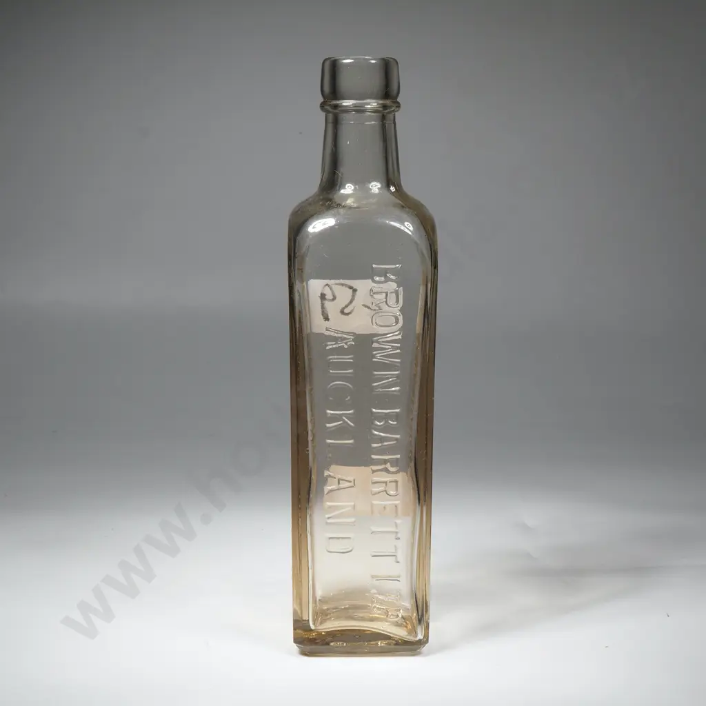 Vintage Brown, Barrett & Co. Square Form Clear Glass Bottle Embossed  w Their Name & 'Essence of Coffee & Chickory ' Image 1++