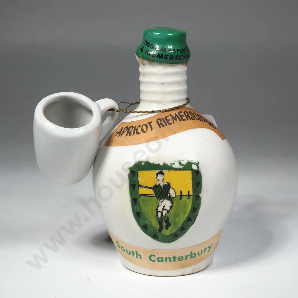 Vintage Riemerschmid Apricot Brandy Miniature Ceramic Bottle w Handpainted Crest of a Rugby Player Labeled "North Canty" Image 1++