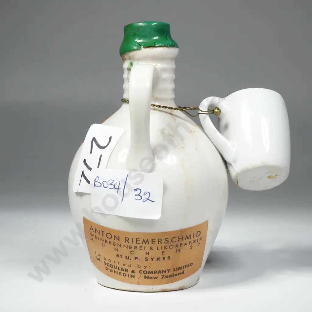 Vintage Riemerschmid Apricot Brandy Miniature Ceramic Bottle w Handpainted Crest of a Rugby Player Labeled "North Canty" Image 1++