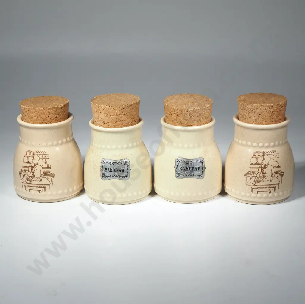 Four Crown Lynn Spice Jars w Illustration of a Baker, Part of Avondale Gourmet Selection around 1980 Image 1++