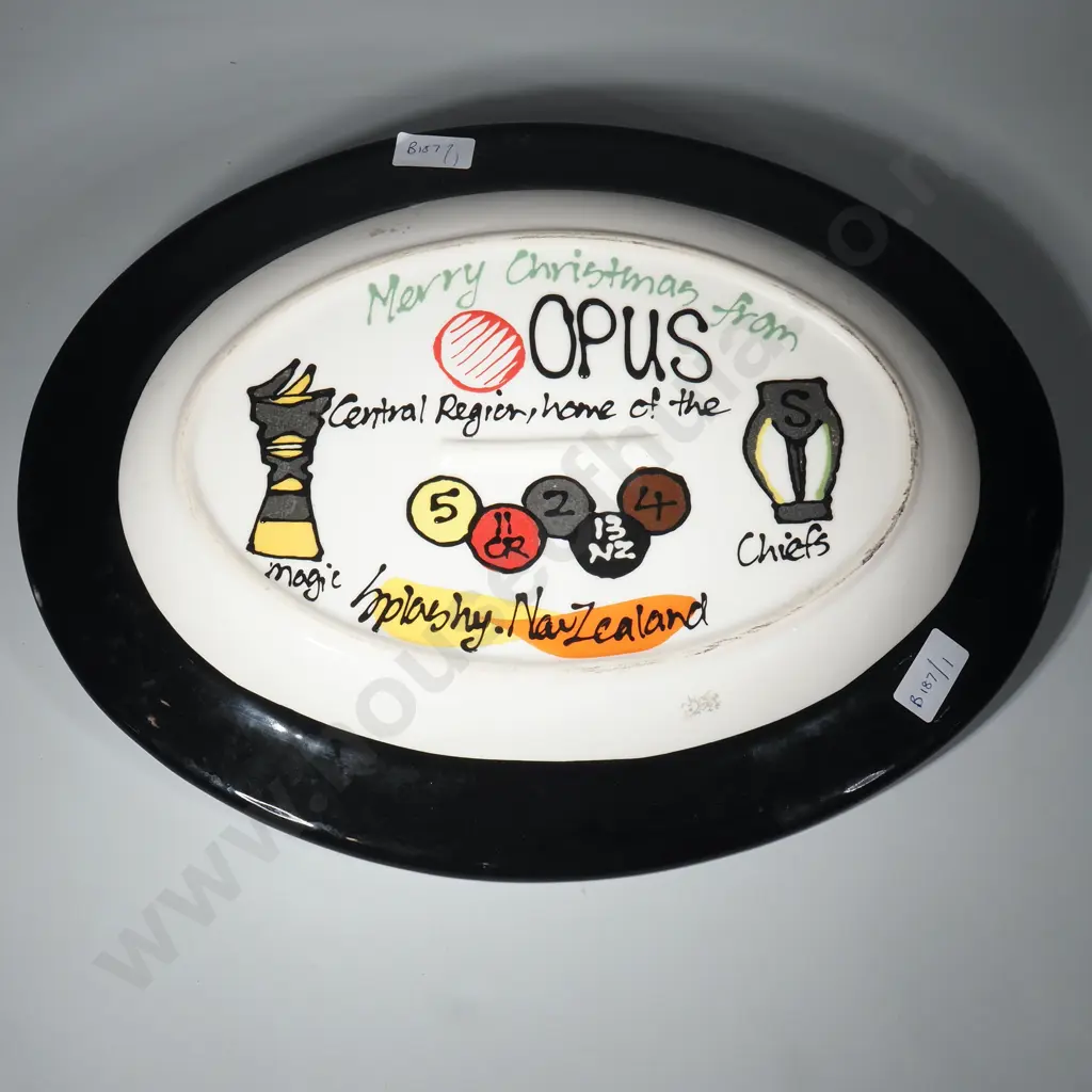 Large Pottery Ashet Decorated W Pohutakawa Design,Verso Greetings Wishing Merry Christmas from the Opus Corporation Image 1++