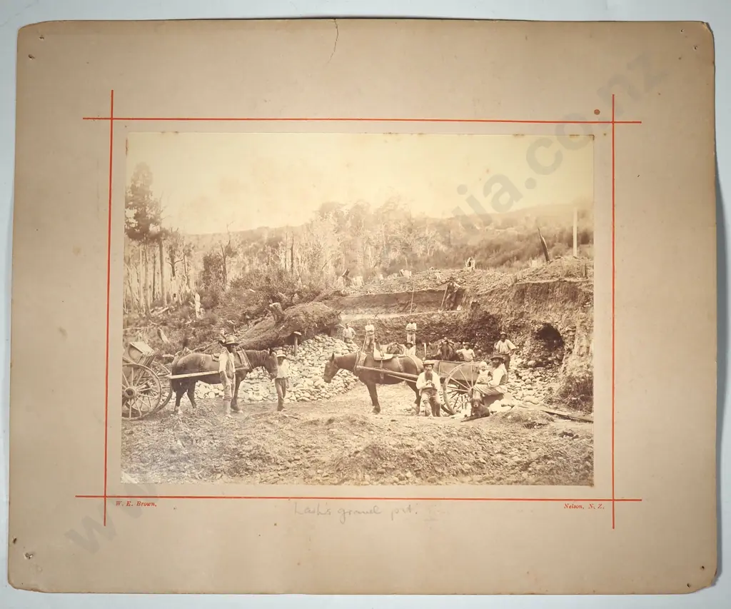 Antique Photograph Depicting  the Transport Of Gravel by Horse & Cart, titled  'Lash's Gravel Pit' by W E Brown, Nelson Image 1++