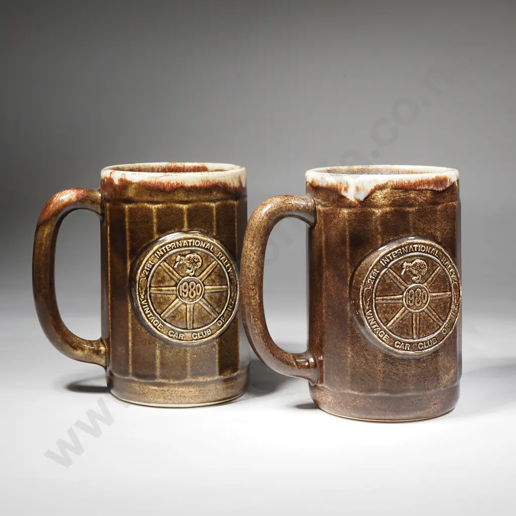 Pair of 'International Rally Vintage Car Club of New Zealand' Pottery Coffee Mugs Image 1++