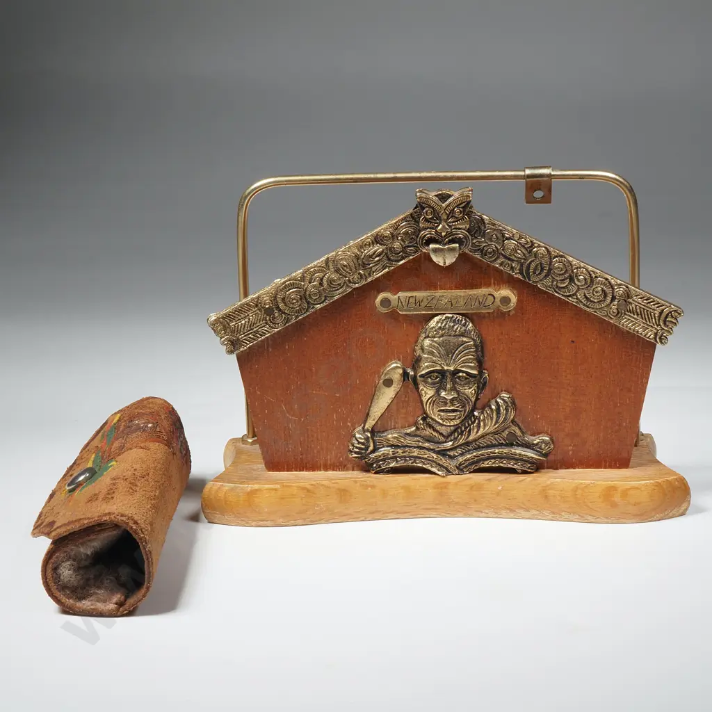 Vintage NZ Maori Whare Themed Letter Rack & Leather Shoe Shine Holder Image 1++