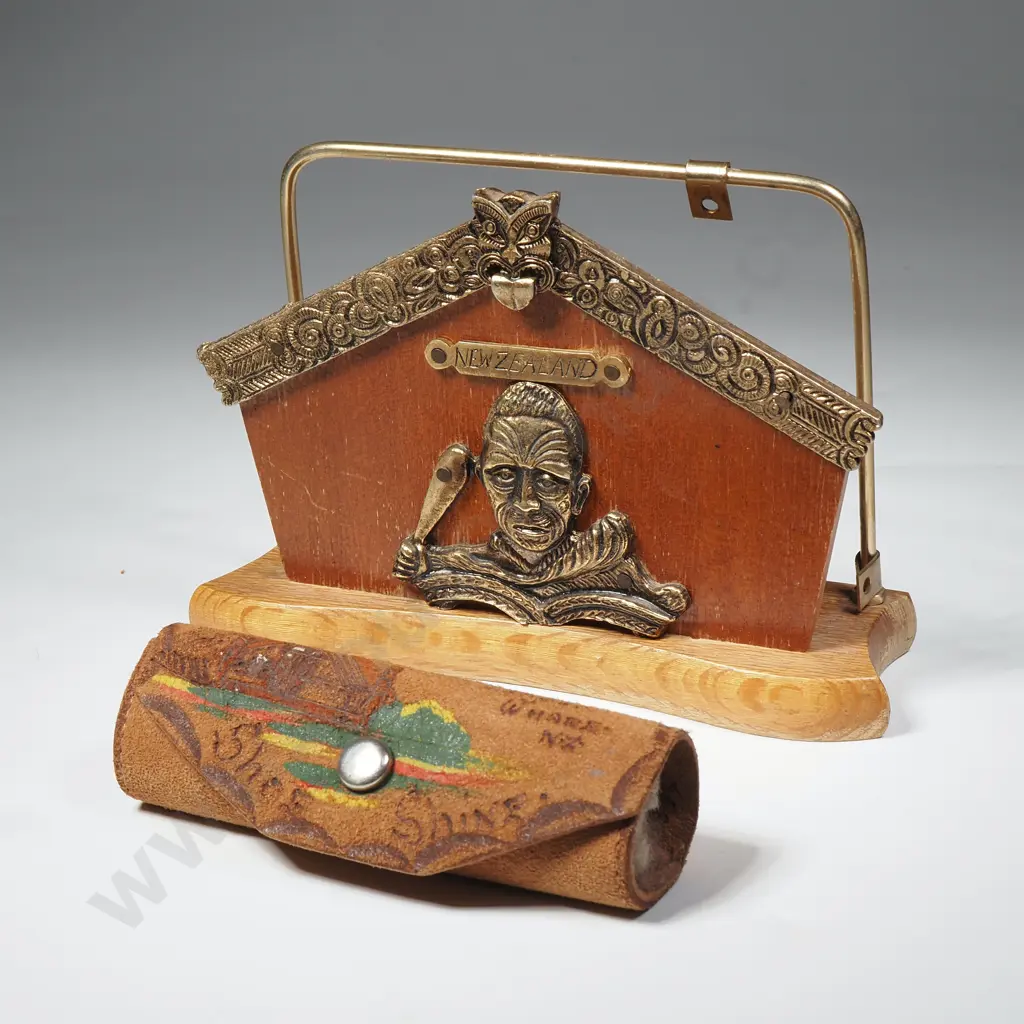 Vintage NZ Maori Whare Themed Letter Rack & Leather Shoe Shine Holder Image 1++