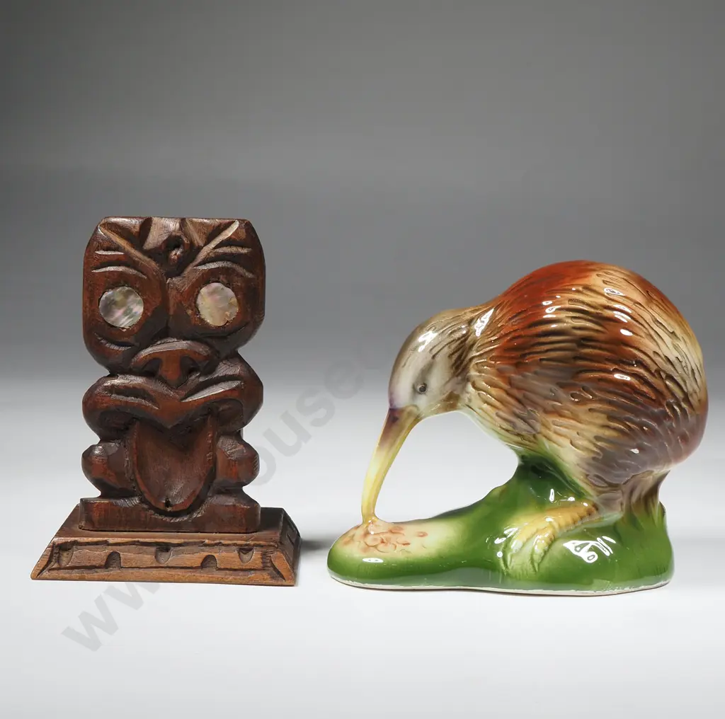Vintage Model of  a Kiwi & a Wooden Tiki Figure w Paua Shell Eyes Image 1++