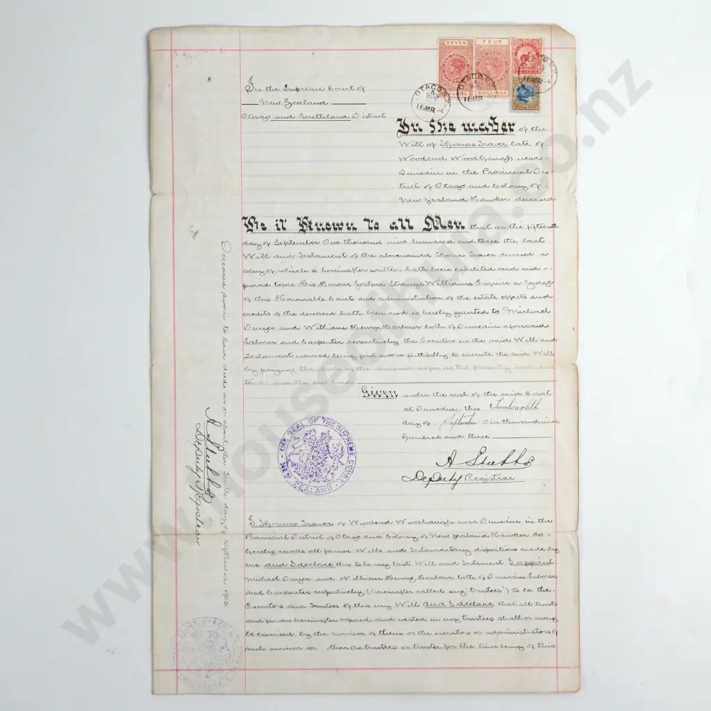 Probate - Otago/Southland New Zealand - 1904 Image 1++