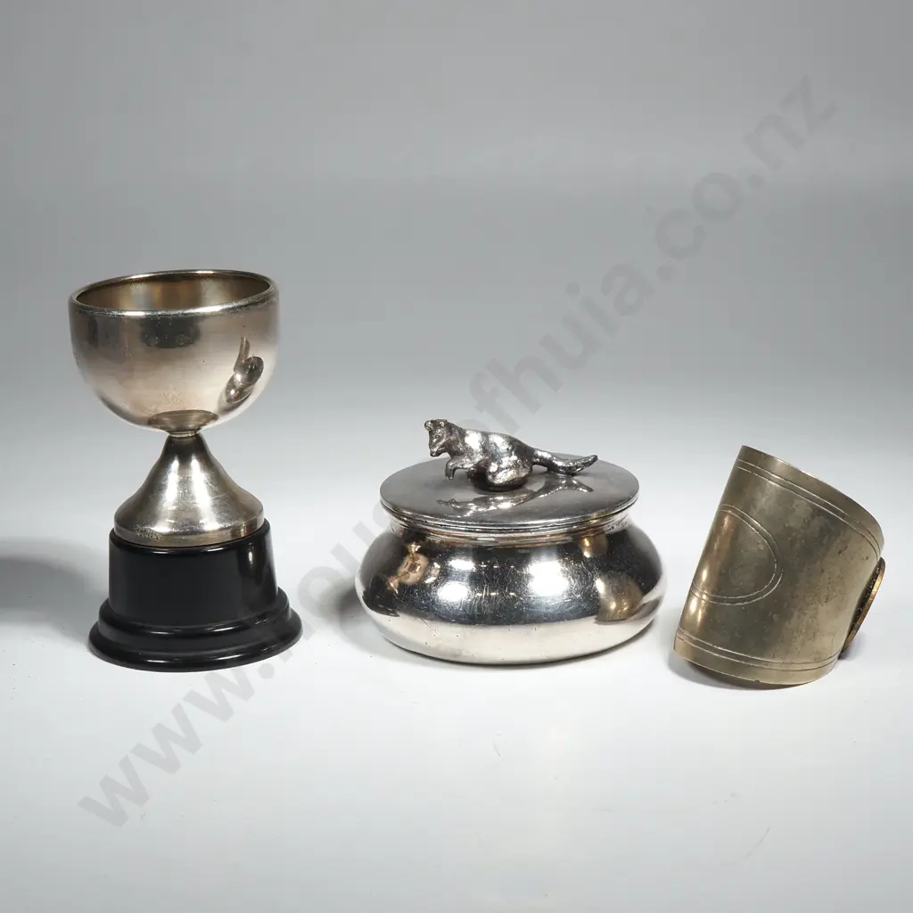 Silver Plate Trinket Box w Kangeroo? Finial & a NZ Centennial Exhibition Serviette Ring w Enamel Image 1++