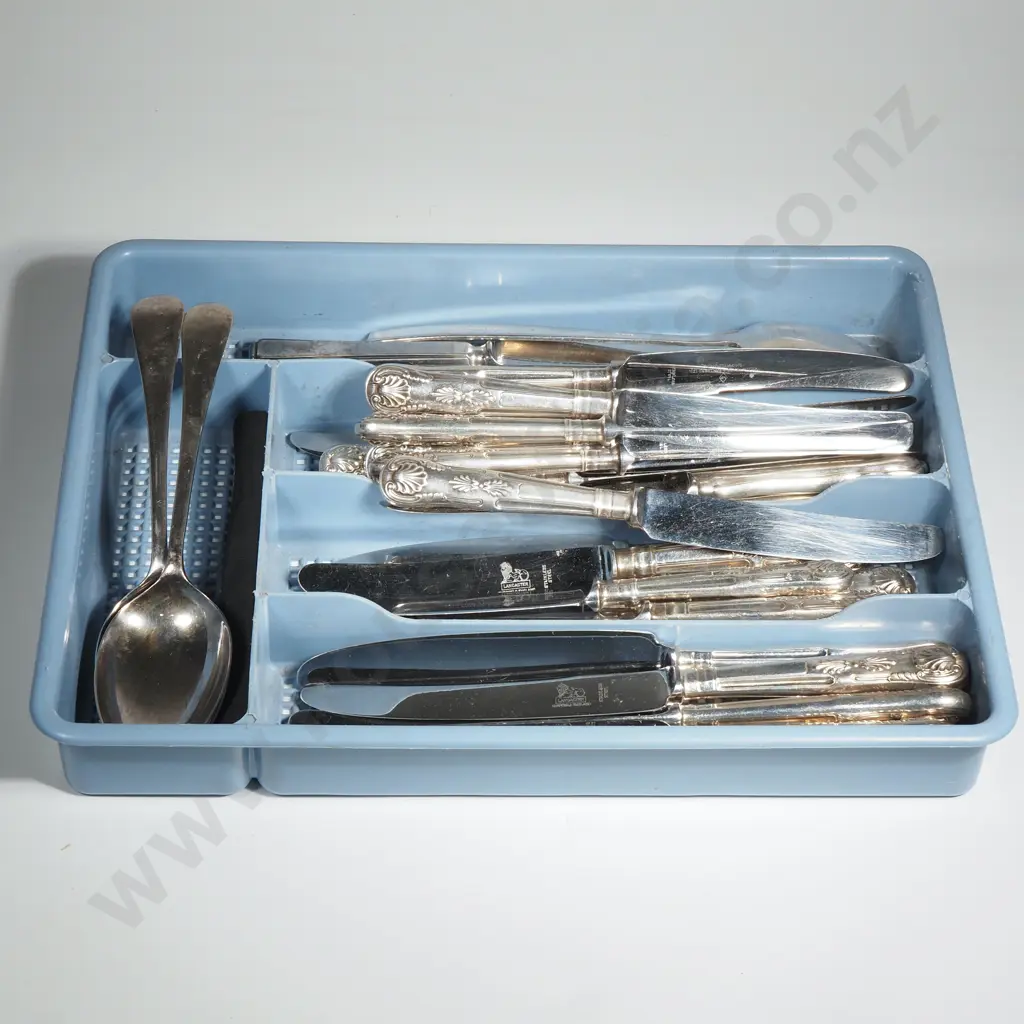 Quantity Of Silver Plate Cutlery Including Six Kings Pattern Dinner Knives & Fifteen Entree Knives, Pair Serving Spoons Image 1++