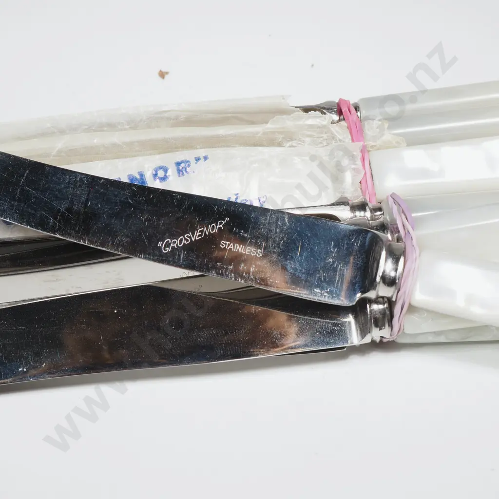 Six Grovensor Mother Of Pearl Handled Dinner Knives Together w Five Peal Handled Entree Knives  Image 1++