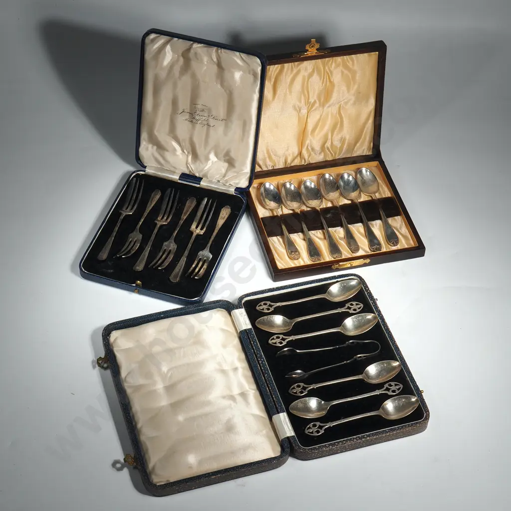 Three Boxes Of Vintage Cutlery Including Two Sets Of Six Teaspoons & A Box Of Cake Forks. Image 1++